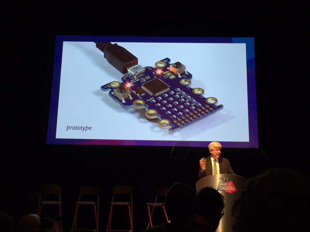 DG Announcing BBC microbit - holding my device aloft in March 2015 :-)